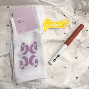 Glossier lavender socks, glossier skywash terra, and summer 2022 sticker